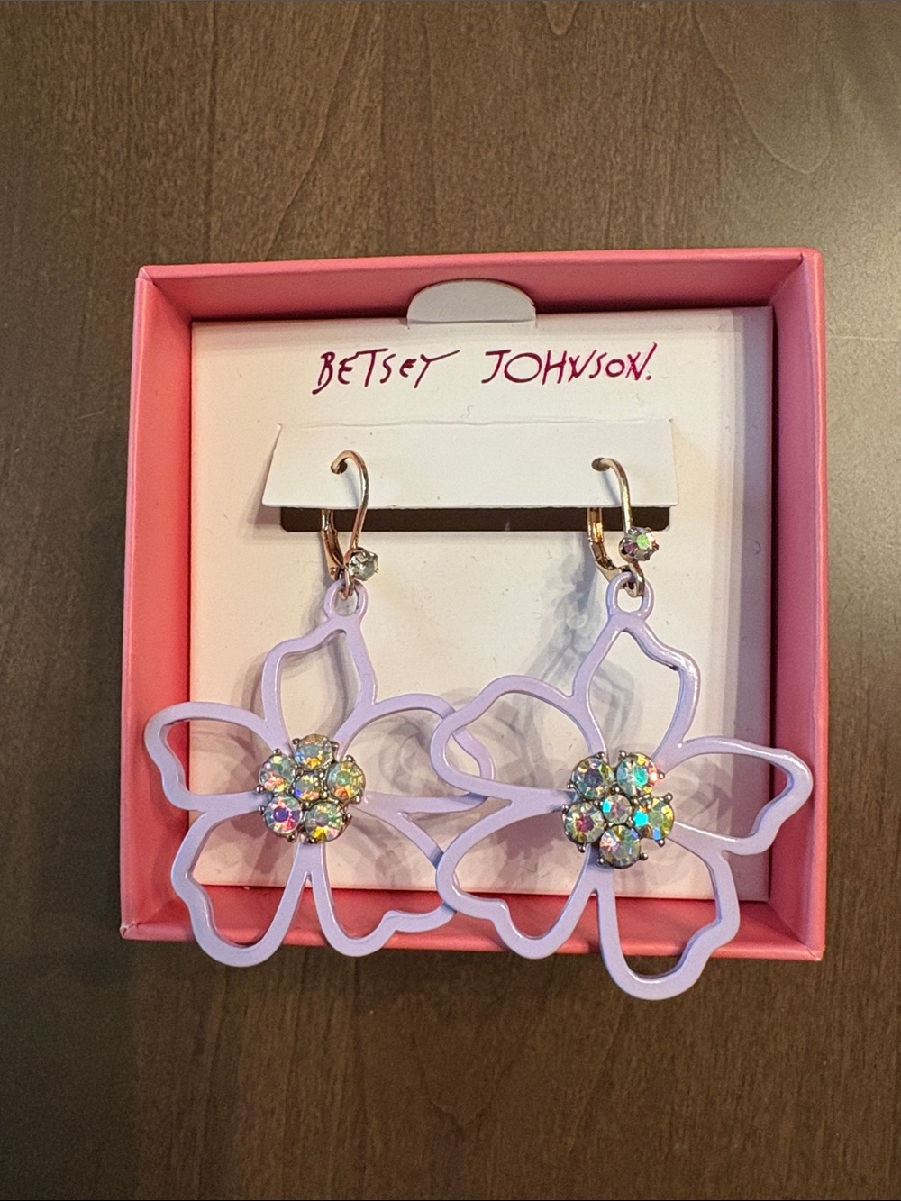 NWT Betsey Johnson Lavender Flower Hoop Earrings with Multi-Color Crystals